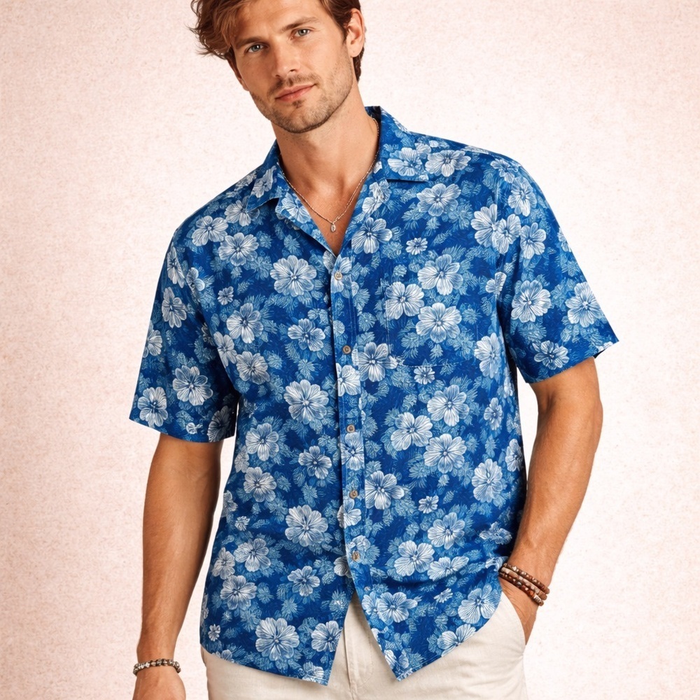 Caribbean Joe Blue Floral Hawaiian Shirt 3XT Tropical Button Up Vacation Top